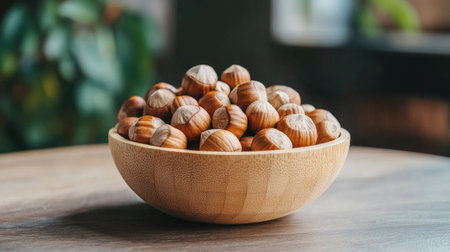 Healthy snack concept featuring a wooden bowl filled with hazelnuts, symbolizing the benefits of nuts in a balanced and nutritious dietの素材