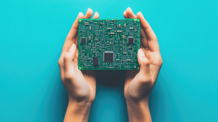 Computer specialist holding a green circuit board with both hands, set against a bright blue background, symbolizing hardware repair and technology.の素材