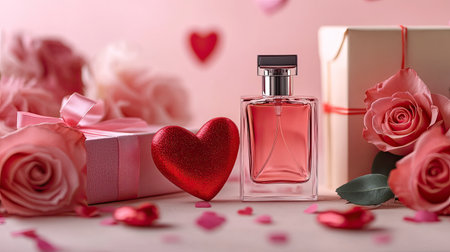 Close-up of a Valentine's themed display with a perfume bottle, wrapped gift, red heart, and roses, set against a delicate pink backgroundの素材