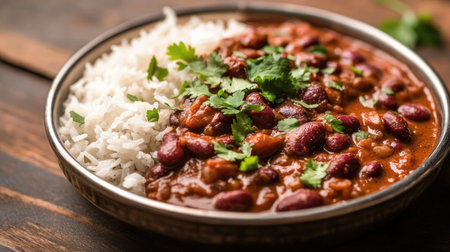 Hearty bowl of kidney bean curry (rajma) alongside a mound of boiled rice, garnished with fresh cilantro. A staple of North Indian cuisine.の素材