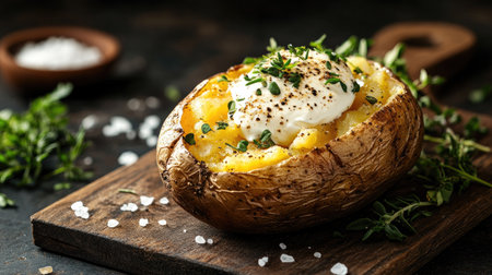 A rustic-style baked potato on a cutting board, filled with melted butter and sour cream, surrounded by fresh herbs and salt flakes for a gourmet lookの素材