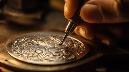 Close-up of a jeweler engraving a custom design onto a silver pendant, using a specialized engraving tool for detail workの素材