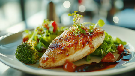 A beautifully plated dish of roast chicken breast, grilled to golden perfection, with a side of crisp salad and vibrant steamed broccoli. A healthy and nutritious mealの素材
