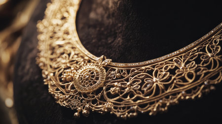 A luxurious gold necklace with intricate filigree work, resting on a soft velvet surface, capturing the brilliance and elegance of fine jewelryの素材