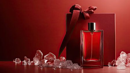 A modern fragrance bottle next to a vibrant red gift box, with scattered ice pieces and a trendy bag, forming a refreshing and elegant gift concept.の素材