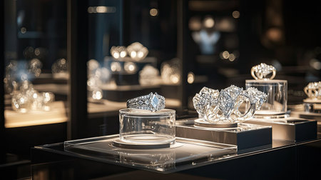 A luxury jewelry store display case filled with sparkling diamond rings, neatly arranged on sleek stands under soft, warm lighting.の素材