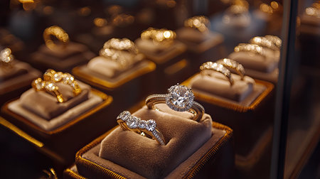 Close-up of diamond rings in a luxurious retail store window, beautifully arranged on velvet cushions under glowing lighting.の素材