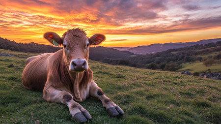 A cow from the Asturian Mountain breed rests on the grass as the sunset colors paint the sky in a national park, capturing natureaes calm beauty.の素材