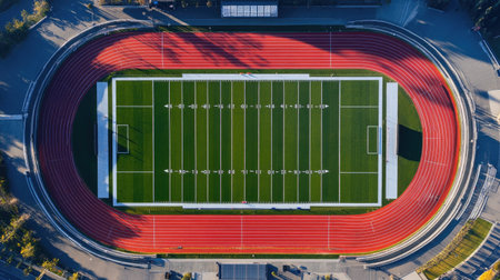 Aerial view of a football field with a red running track surrounding it, showcasing the layout of a modern sports stadium.の素材