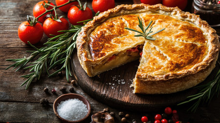 A savory pie baked to perfection, with a slice removed, accompanied by rosemary, salt, pepper, and ripe tomatoes on a rustic table. A home-cooked, health-conscious mealの素材