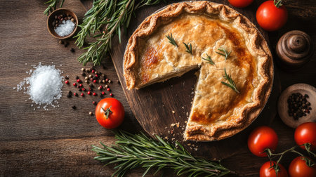 A home-cooked savory pie missing a slice, surrounded by rosemary, salt, pepper, and tomatoes on a rustic table. A perfect representation of healthy diet and nutritionの素材