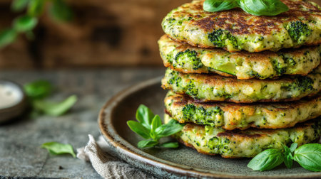 A stack of homemade broccoli and zucchini fritters, crispy on the outside and soft inside, served with fresh herbs and a vegan dip on a rustic plate. Healthy and deliciousの素材