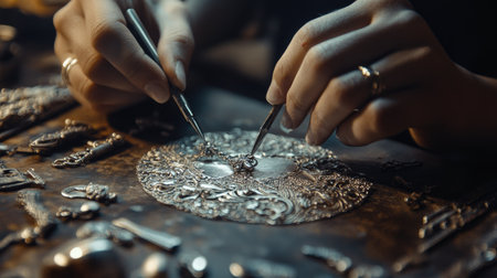Artisan crafting an intricate silver necklace, using pliers and small tools to shape the metal and attach charmsの素材