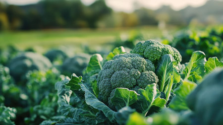Broccoli growing in a field, its dense green florets a staple of the Brassica oleracea family, related to cabbage and cauliflower. A nutritious and widely grown vegetableの素材
