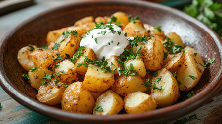 A comforting plate of boiled potatoes, topped with a dollop of sour cream and sprinkled with fresh parsley, served on a rustic plate.の素材