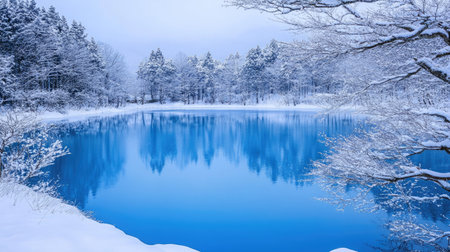 Bieiaes Blue Pond surrounded by snow, with branches lightly dusted in white, reflecting the blue hue of the water. A winter wonderland in Hokkaido.の素材