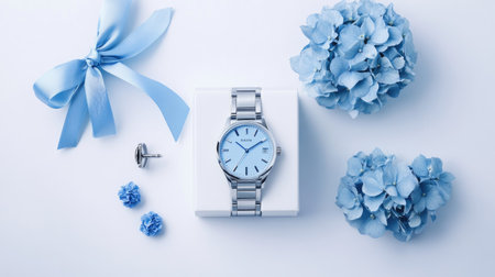 A sleek menaes gift concept featuring a watch, cufflinks, blue flowers, and a gift box with a blue bow, arranged elegantly on a white background.の素材