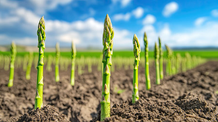 Close-up of green asparagus shoots rising from the soil, growing in orderly rows under a bright blue sky in a farm field.の素材