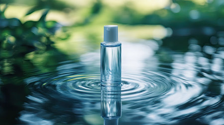 Cosmetic bottle reflecting in water with subtle ripple effects. Hyaluronic acid formula for skin hydration in a serene, nature-inspired setting.の素材