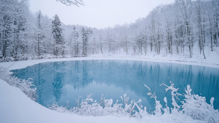 Bieiaes Blue Pond surrounded by snow, with branches lightly dusted in white, reflecting the blue hue of the water. A winter wonderland in Hokkaido.の素材