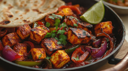 Close-up of Kadai Paneer with bell peppers and onions, served with warm chapati and garnished with lime wedges and coriander.の素材