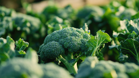 Close-up of vibrant green broccoli florets in a field, showing the rich texture of this cultivated vegetable. Broccoli, a cultivar of Brassica oleracea, thrives alongside cabbage and cauliflowerの素材