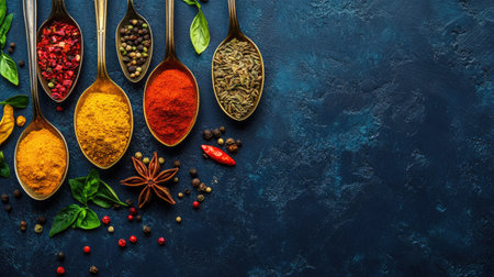 Colorful natural spices in vintage spoons arranged on a dark blue concrete background. Top view composition with copy space for culinary-themed designs.の素材