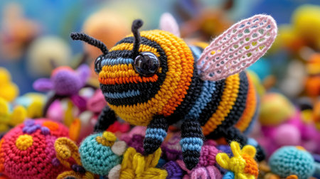 Close-up of an adorable amigurumi knitted bee, carefully crafted with stripes, surrounded by other handmade toy insects in a colorful display.の素材