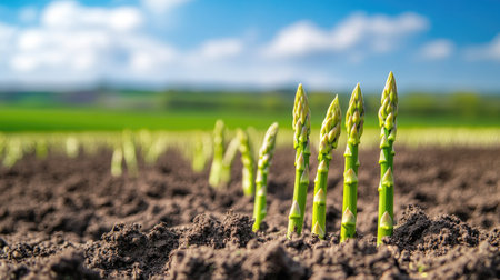 Close-up of green asparagus shoots rising from the soil, growing in orderly rows under a bright blue sky in a farm field.の素材