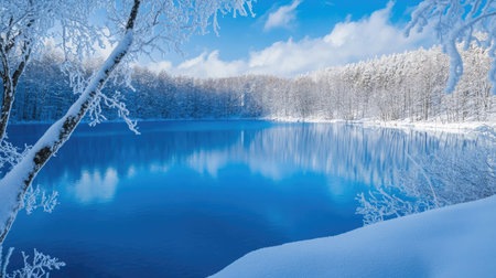 Bieiaes Blue Pond surrounded by snow, with branches lightly dusted in white, reflecting the blue hue of the water. A winter wonderland in Hokkaido.の素材