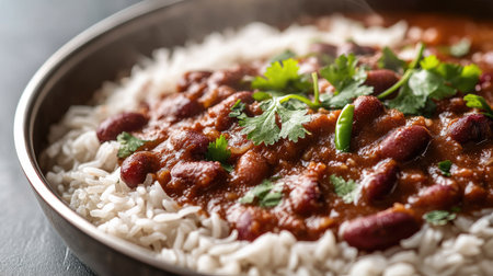 Close-up of steaming Rajma Chawal served with rice and garnished with fresh coriander and green chilies. A classic North Indian dish.の素材