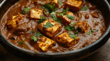 Close-up of spicy Kadai Paneer in a rich gravy, served with crispy lachcha parantha and garnished with fresh coriander.の素材