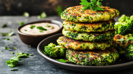 Crispy broccoli and zucchini fritters stacked on a plate, garnished with fresh herbs and served with a vegan dipping sauce. A healthy vegan meal for clean eating enthusiastsの素材
