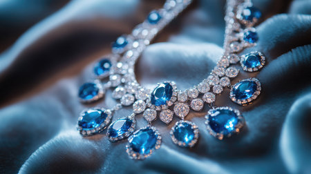 Diamond necklace with stunning blue stones, gracefully displayed on a soft velvet background, with selective focus on the central piece for a refined lookの素材