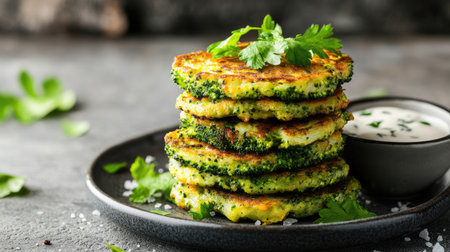 Crispy broccoli and zucchini fritters stacked on a plate, garnished with fresh herbs and served with a vegan dipping sauce. A healthy vegan meal for clean eating enthusiastsの素材