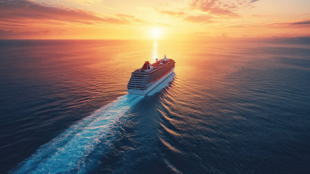 Cruise liner gliding across the open ocean at sunrise, with the sun just peeking over the horizon and calm waves belowの素材
