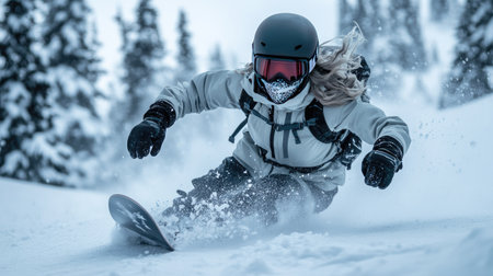 Female snowboarder in full winter gear, helmet and mask, speeding down a slope lined with snow-covered trees, a perfect winter sports moment.の素材