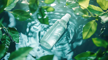 Cosmetic bottle floating in a pool of water surrounded by fresh green leaves. Hydration concept using hyaluronic acid. Selective focus on the bottle.の素材