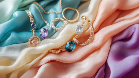 Collection of gemstone rings and necklaces, placed on colored fabric with a white background for contrast. Shimmering gems in focus.の素材