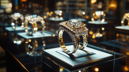 Diamond rings in a high-end retail showcase, glowing under display lights. The elegant setup and reflective glass add to the luxury feel.の素材
