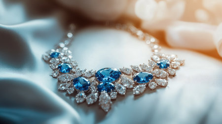 Elegant diamond necklace featuring vibrant blue gems, artistically arranged on a white velvet cushion, with selective focus highlighting its brillianceの素材