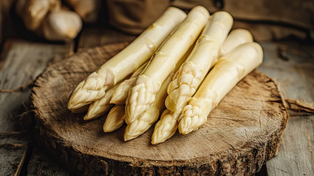 Freshly peeled white asparagus spears, beautifully arranged on a rustic wooden surface. The smooth and tender texture of the vegetable is emphasized.の素材