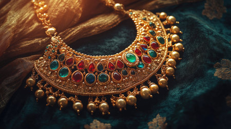 Gold necklace adorned with Indian traditional designs and colorful gemstones, displayed on a velvet background, capturing luxury and eleganceの素材