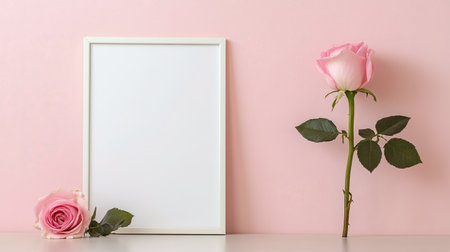 A blank frame poster stands on a clean table next to a single pink rose, offering a simple and stylish scene perfect for creative projects or artwork display.の素材
