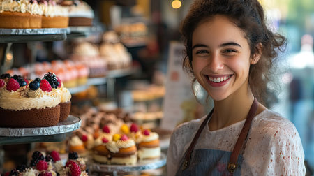 Happy young seller in a cake shop, beaming as she stands next to a display of intricately decorated cakes, creating a lively and welcoming sceneの素材