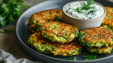 Golden, crunchy broccoli and zucchini fritters served with fresh herbs and a vegan dip. A wholesome, plant-based meal that offers both nutrition and flavorの素材