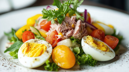 A fresh vegetable salad topped with tender tuna, boiled eggs, and drizzled with a tangy vinaigrette, beautifully plated for a light and healthy meal.の素材