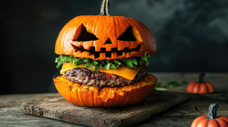 A Halloween pumpkin burger, scary and appetizing, placed on a weathered wooden board for a festive party. The perfect Halloween food presentation.の素材