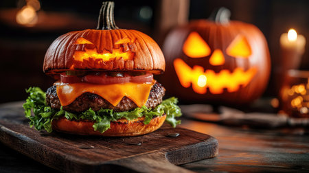 A creepy Halloween pumpkin burger sitting on a wooden board, perfect for holiday-themed parties. Capture the eerie essence of Halloween food in this creative concept.の素材