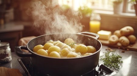 A kitchen scene with boiled potatoes in a pot, steam rising as they await mashing, butter and herbs nearby, creating a warm, cozy environmentの素材